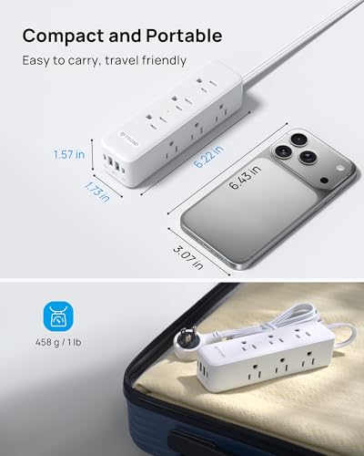 TROND regleta eléctrica con enchufe plano giratorio 360° 10 pies con USB PD 20W, 9 tomas AC, blanca | Protector de sobretensión con cable plano 1300J, 1625W, montable en pared, para hogar, oficina, viaje y hábitos esenciales en dormitorio miniatura 6