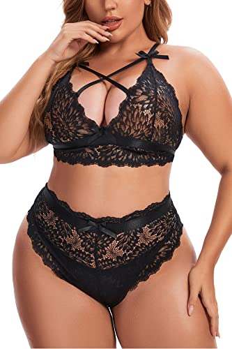 Aranmei Donna Set di Biancheria Intimo Taglie Forti Sexy Lingerie V Profondo Reggiseno di Pizzo e Slip Vita Alta Set di Bralette Cinturino Incrociato, Nero, XL