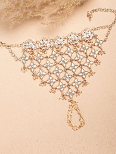 Image of Karatcart Gold Plated Baby Pink Pearl Chain Kundan Hathphool