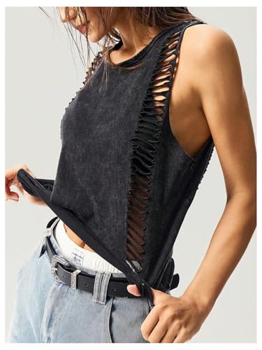 Women's Hollow Out Summer Sleeveless Tank Tops Washed Retro Rock Concert Outfits Tops Streetwear3