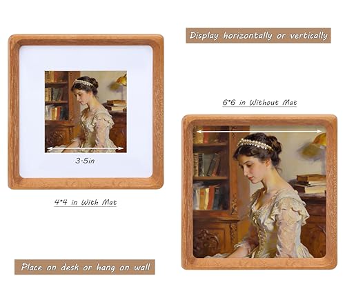 Image of Square 6x6 Picture Frame with Mat for 4x4, USA-Sourced Natural Teak Wood Handcrafted Rounded Corner with Real Glass, Vertical or Horizontal Display Photo Gallery Wall & Tabletop Frame