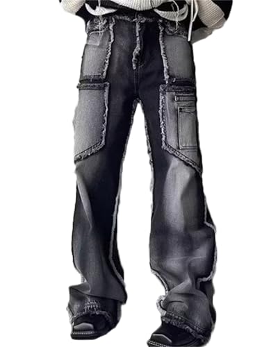 Men's Burr Edge Deco Washed Straight Fit Jeans Loose Hip Hop Denim Work Pants Jean