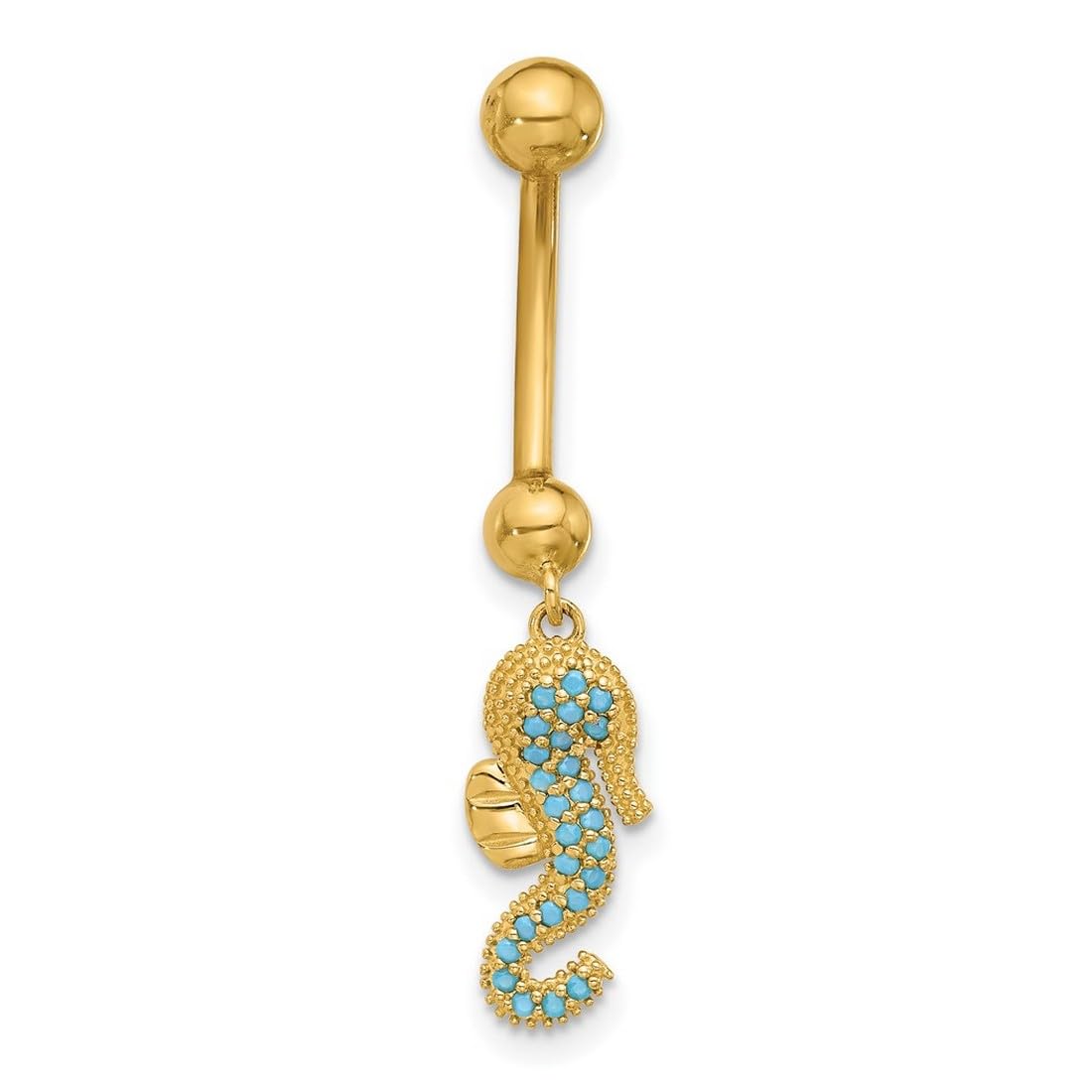 Bauchnabelpiercing aus 14 Karat Gold, 14 Gauge, polierter blauer Zirkonia, simulierter Diamant, Seepferdchen, religiöser Schutzengel, Bauchnabelring, 37 mm lang, Schmuck für Damen, One Size, Zirkonia