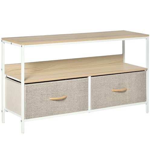 HOMCOM Meuble TV Bas sur Pieds Support TV pour télévison jusqu'à 47 Pouces Style Industriel 2 tiroirs en Tissu Gris Bois Naturel et métal Blanc
