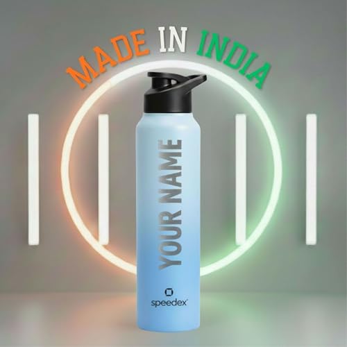 Image of Speedex Engraved Name Stainless Steel Sipper Water Bottle 1 Ltr - Customised Personalised Bottle for Kids & Adults, School, Gym, Sports, Black, Set of 1 (Dual Blue, Set Of 1)