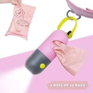   Dog-Poop-Waste-Bags-Holder-with-LED-FlashlightCute-Doggie-Poo-Bags-Dispenser-for-Pet-LeashTrash-Waste-Bags-Carrier-with-Potty-Bags-Clip-Fastener-LR44-Button-Cells-Included2-Pack-Pink
