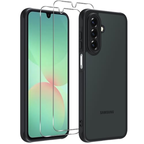 Vauki Matt Handyhülle für Samsung Galaxy A26 5G Hülle mit 2 Stück Schutzfolie Transluzente Militärstandard Stoßfest PC Härte Rückseite Anti-Fingerabdruck Schutzhülle Case mit Kameraschutz Schwarz