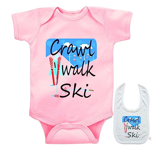 Crawl Walk Ski -Cute Snow Skiing winter sports Baby bodysuit onesie & bib Set