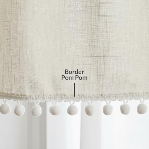 Image of HOMEMONDE Sheer Curtains with Decorative Side Border Pompom Curtain for Customize, Linen Textured Light Filtering, Rod Pocket, 1 Piece - Beige