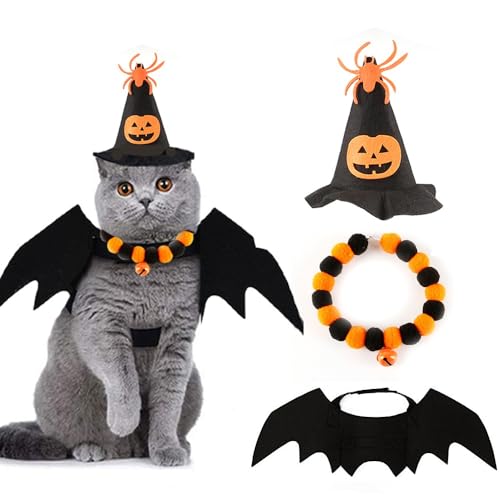 ハロウィン ペット服 3個セット ペットコスプレ 猫 犬用 帽子 コウモリ 翼 首輪 可愛い カボチャ 蜘蛛 ペットウェア 被り物 コスプレ コスチューム 仮装 変身服 ハロウィン 写真撮影 犬服 猫服 ペット用品(3個セット)のサムネイル