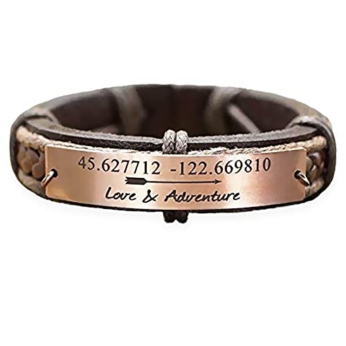 Rose Gold Coordinate Bracelet For Men, Saying Love And Adventure, Arrow Charm, Gps Location Engraved, Copper Leather Cuff, Gift For Him #TOP14