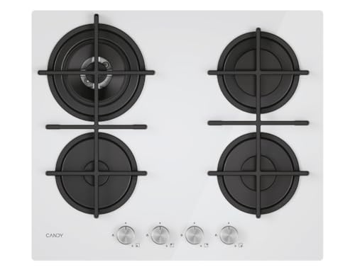 Candy Moderna Piano Cottura a Gas 4 Fuochi, Vetro Temperato, Bruciatore a Doppia Corona, Griglie Lavabili in Lavastoviglie, AxLxP 0,8x59,5x51 cm, Bianco - CVG6BR4WTW