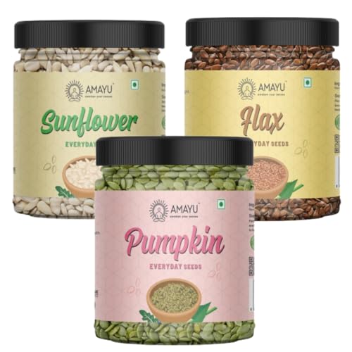 Image of AMAYU Healthy Raw Seeds Combo Pack | Pumpkin Seeds, Flax Seeds, Sunflower Seeds (200 gm x 3) Immunity Booster | Healthy Snacks | Diet Food | Seeds for Eating (Pack of 3)