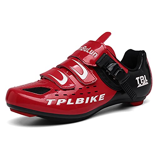 Youngtie Chaussures de Cyclisme sur Route pour Hommes Chaussures de Vélo Peloton Compatible avec SPD et Delta Intérieur Extérieur Rouge 270 Cover