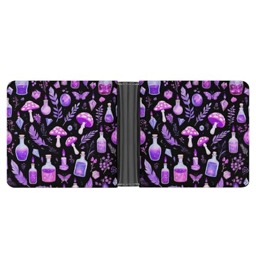 Small PU Leather Bifold Wallet for Men, Mini Credit Card Organizer Bag with Card Slots Gothic Magic Witch Witchy Trippy Purple Mushrooms Purse for Work Travel