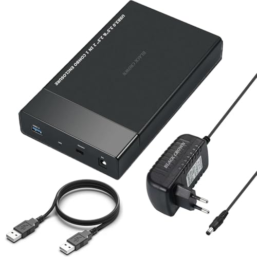 BLACK CROWN 3.5 Drive Enclosure USB3.0 Disk Enclosure to SATA III Portable Disk Case Tool-Free External Adapter for 2.5/3.5inch SSD HDD with Built-in 12W Power Supply Up to 16TB Support UASP