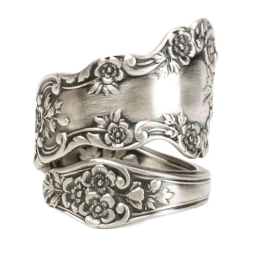LRGKMCWTOB Retro Flower Ring 925 Sterling Silver Vintage Flower Stacking Band Ring Simple Thumb Statement Rings Victorian Flower Open Adjustable Boho Floral Statement Jewelry for Women (Size 7)