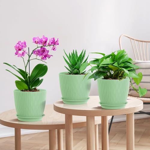 Image of StyleX Store Plastic Round Flower Pots with Drainage Hole Saucers | Durable Outdoor Indoor Wave Pattern Planters with Tray | Plant Containers for Garden, Office, Balcony and Home (Set of 5, Green)