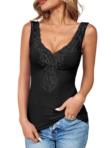 Image of Womens Lace Tank Top Sexy Deep V Neck Wide Strap Tops Fitted Basic Cami Shirts
