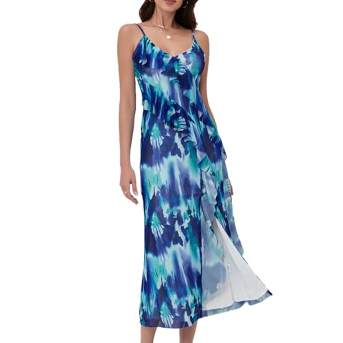Image of Women's Spaghetti Strap Ruffle Side Split Long Dress Bodycon Beach Maxi Dresses