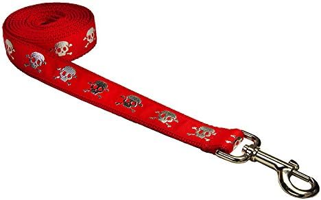 Large Red Reflective Skull Dog Leash: 1" Wide, 6ft Length - Made in USA.