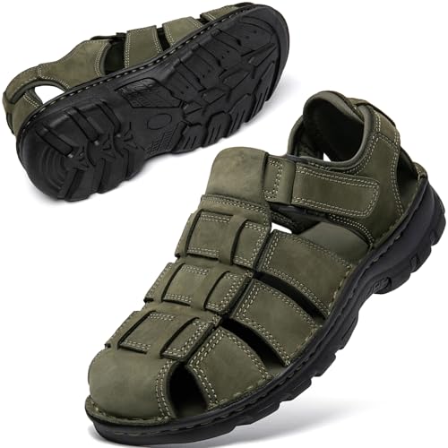 Image of KOIMED Men's Hiking Leather Sandals Closed Toe Water Shoes For Summer Athletic Outdoor Walking Sports Trail River Fishing Wide Adjustable Waterproof Arch Support