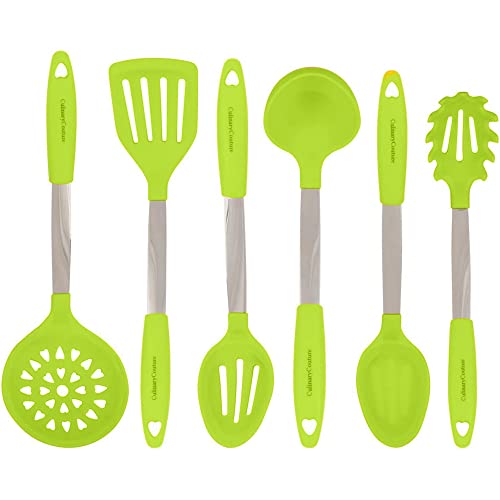 Culinary Couture Lime Green Cookware Set - Stainless Steel & Silicone Heat Resistant Kitchen Tools - Ladle, Spatula, Mixing & Slotted Spoon, Pasta Fork Server, Drainer - Bonus Ebook!