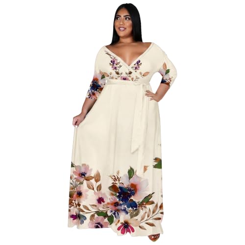 Image of Nmoder Plus Size Maxi Dress for Women - Summer Casual 3 /4 Sleeve Floral Flowy Long Dress with Belt XL- 6XL
