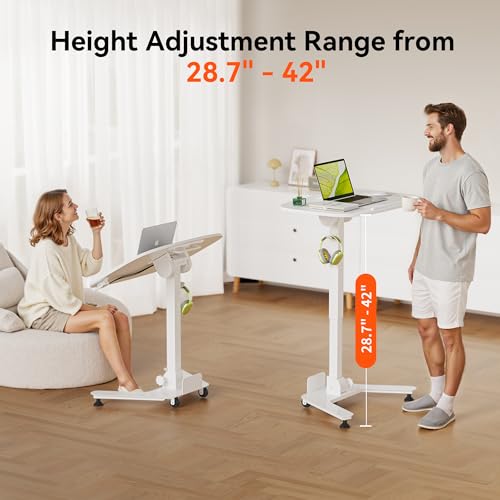 Image of WALKINGDESK Foldable Pneumatic Height Adjustable Mobile Standing Desk with 90 Tiltable Tabletop, 27.2x18.9 Inch Portable Laptop Desk with Wheels, Holds Up to 66.1lbs for Home Office, Study, White