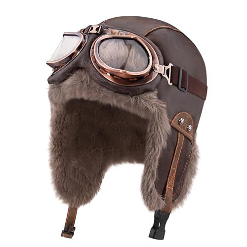 Peicees Leather Aviator Hat and Goggles Vintage Pilot Cap- Winter Fur Hat with Earflaps Pilot Costume Adult Men Women Deep Brown