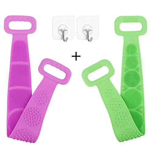 Yoaokiy Silicone Bath Body Back Scrubber - 2Pcs Exfoliating Long Silicone Body Back Brush - Back Washer for Deep Clean, Lathers Well, Long Lasting (Green & Purple)
