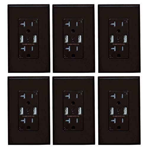 (6 Pack, Glossy Brown) ELEGRP USB Outlet Wall Charger, Dual High Speed 4.0