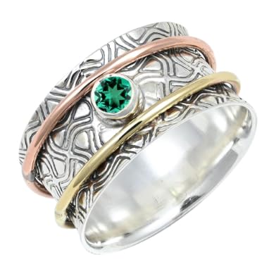Anello spinner in argento Sterling 925 coltivato in laboratorio con smeraldo, per uomini e donne, tutte le dimensioni, articolo regalo gioielli TSR1218AN_4 (J 1/2), J 1/2, Metallo Pietra