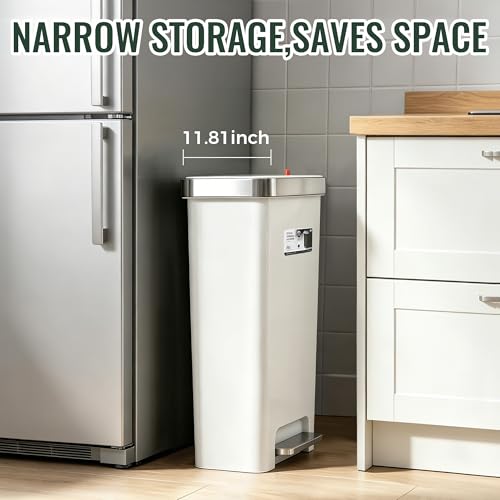 Image of Trash Can with lid,12 Gallon Slim Tall Garbage Can,White | Kitchen Trash Bin Step-on with Lid, Plastic Garbage Can with Stainless Steel Rim for Bathroom,Living room,Bedroom,Yard