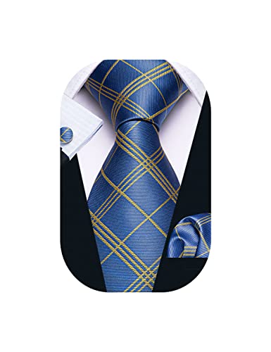 Image of Barry.Wang Tie Sets for Men Silk Stripe Necktie Woven Checkered Handkerchief Cufflinks Formal Business Wedding