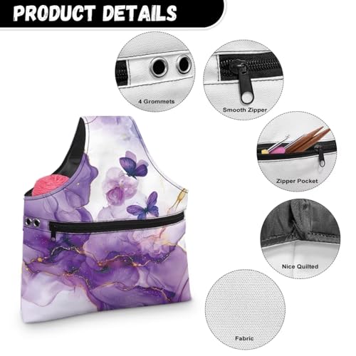 Image of KUIFORTI Butterfly Yarn Bag Purple Marble Knitting Crochet Tote Bag, Yarn Storage Bags Organizer, Crochet Accessories Stylish Crochet Bags for Crocheting Project, Large Size