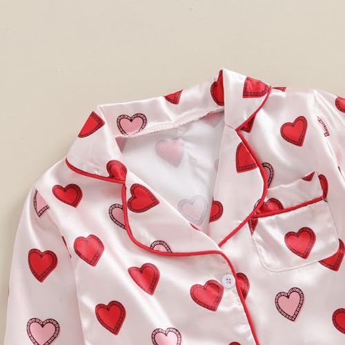 Valentines Day Pajamas for Toddler Girl Button Down Love Heart/Bow Long Sleeve Tops and Pants Little Girls Sleepwear (Valentine's Day Pink Red, 10-11 Years)3