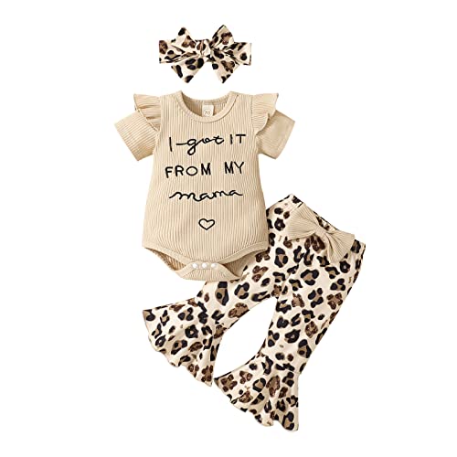 Image of Toddler Baby Girl Outfit Ribbed Ruffled Romper Leopard Flared Pants Newborn Baby Girl Clothes 0-12 Months