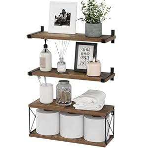 WOPITUES Floating Shelves Wall Mounted, Wood Bathroom Shelves with Extra Storage Shelf, Rustic Wall Shelves for Bathroom, Bedroom, Kitchen, Living Room, Plants – Brown