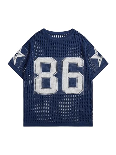 SHENHE Men's Crochet Jersey Shirt Y2k Baggy Letter Hollow Out Short Sleeve Pullover Sweater Tops