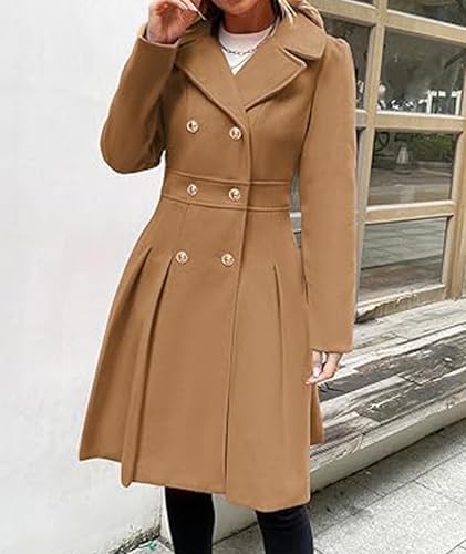 Image of Sexyshine Women's Double Breasted Trench Coat Notch Lapel A-Line Slim Flared Pleated Wool Blend Pea Coat with Pockets