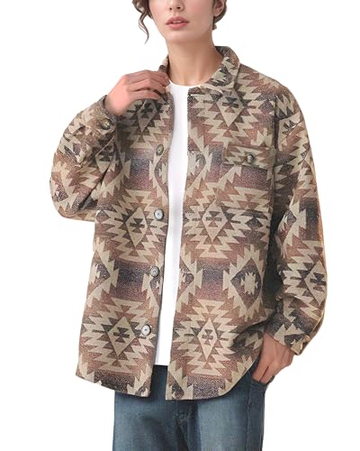 Image of Vintage Aztec Flannel Jacket Plaid Shirt Sherpa Fleece Shacket Button Down Casual Outerwear
