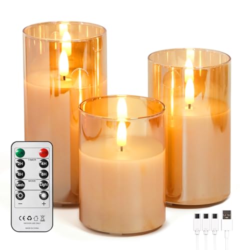 FREEPOWER USB Aufladbare LED Kerzen Gold Glas 3er Set mit Fernbedienung und Timer Flackerndes Warmweißlicht Flammenlose Stumpenkerzen Echtes Wachs Ø7 5x10/12 5/15cm