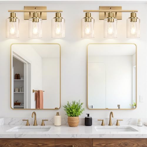 Image of Indoi 3-Light Bathroom Light Fixtures, Brass Modern Vanity Lights with Clear Glass Shades, Bathroom Wall Lamp for Mirror Living Room Cabinet Bedroom Porch
