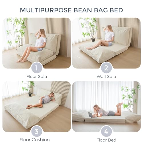 Image of MAXYOYO Folding Sofa Bed, Extra Thick and Long Floor Sofa Convertible Chair with Washable Cover, Floor Couch Lounge Bean Bag Bed for Living Room, Beige, 54x91 Inch