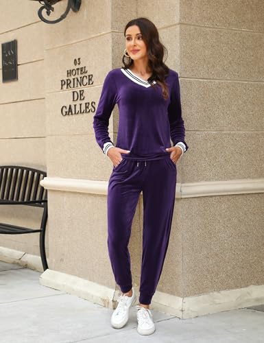 Irevial Women's Striped V Neck Velour Tracksuit Two Piece Sweatsuits Sets with Pocket2