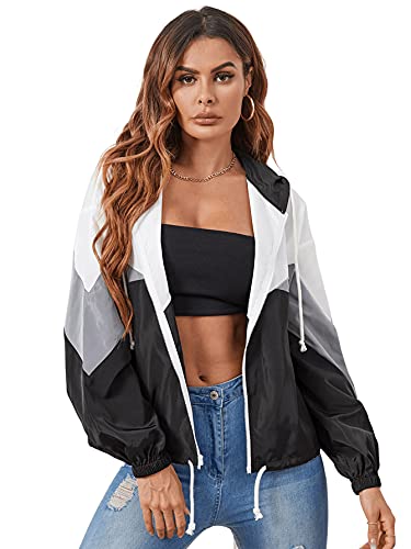 Floerns Women's Color Block Hooded Casual Thin Windbreaker Jacket