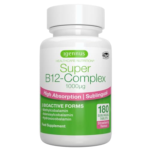 Vitamine B12 1000 mcg Sublinguale, Méthycobalamine et Adénosylcobalamine Méthylée, 180 Petits Comprimés, 1 par jour, Haute Absorption, Sans Sucre, Arôme Naturel de Fraise & Vegan, par Igennus