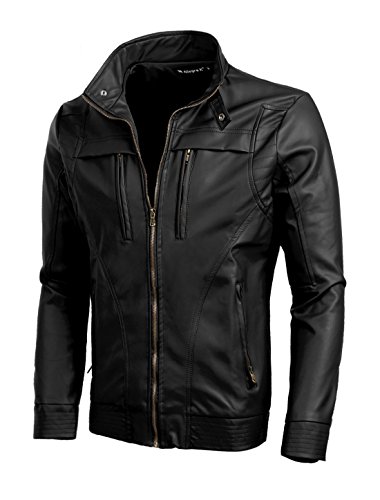 uxcell Men Stand Collar Zipper Closure Imitation Leather Motorcycle Jacket Black M US 38