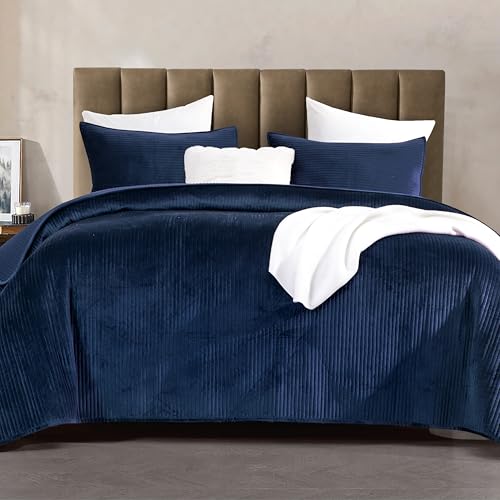 Elegant Comfort Luxury 3-Piece Velvet Corduroy Stripe Quilt Set, Ultra Soft Bedspread - Cozy Velvet Coverlet Set - 3PC Medium Weight Quilted Set with Matching Pillow Shams, Queen, Navy Blue